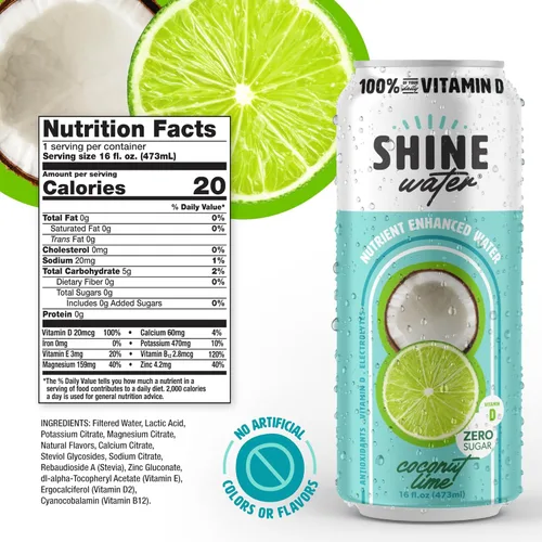 Vista 2 de ShineWater - Bebidas de Electrolitos de Coco y Lima con Vitamina D, Paquete de 12, Agua Saborizada Sin Azúcar con Magnesio, Zinc y Antioxidantes