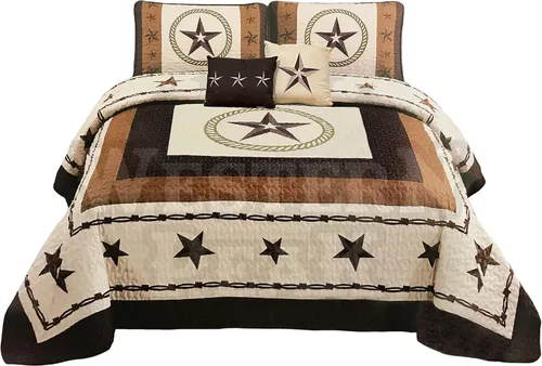 Vista 7 de Juego de edredón Western Peak de 5 piezas, estilo occidental, con cruz de Texas, diseño de alambre de púas, fundas para almohada, tamaño Beige