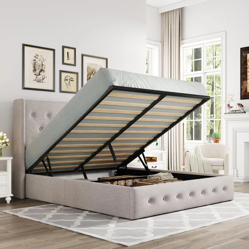Vista 18 de Allewie Cama de almacenamiento elevable tamaño Queen, cabecera moderna con respaldo alado, soporte hidráulico, no necesita somier, gris claro
