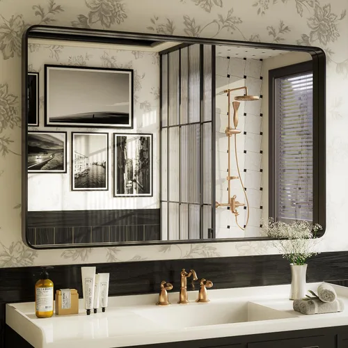 Vista 55 de ISKM Espejo de baño con marco de metal negro para pared de 40 x 32 pulgadas, espejo rectangular redondeado, antioxidante (horizontal/vertical)
