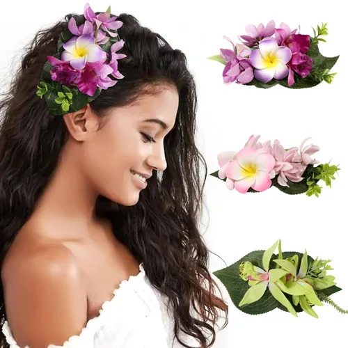HAIMEIKANG - Pinzas para el pelo, 3 piezas, accesorios para el cabello con flores hawaianas - Clavos de pelo artificiales con flores tropicales en