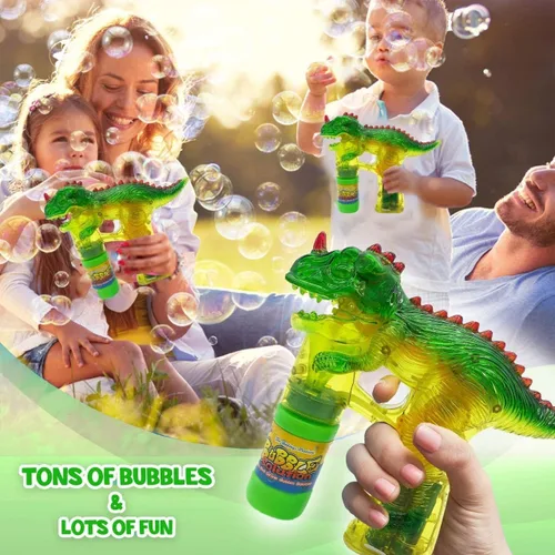 Vista 5 de Haktoys Jurassic - Burbujero con forma de dinosaurio, con luz Juguete Bubble Blaster para niños, fiestas LED intermitentes, botella de recarga
