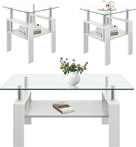 Vista 14 de Juego de 3 mesas auxiliares de cristal para sala de estar, mesa auxiliar de sofá con almacenamiento, patas de metal negro, mesa central rectangular