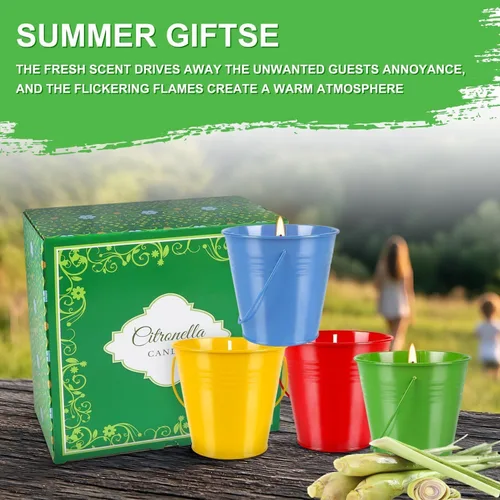 Vista 6 de Citronella Candles - Juego de 4 velas de cera de soja multicolor de 12 onzas, combustión limpia, sin humo para decoración de patio, jardín, balcón