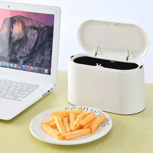 Vista 7 de SUBEKYU Mini bote de basura con tapa, pequeño cubo de basura de escritorio, mini cubos de basura para encimera, cesta de basura pequeña, blanco