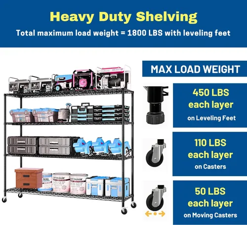 Vista 4 de 4-Tier Industrial Metal Display Rack, Heavy Duty Adjustable Shelving Unit with Locking Casters & Leveling Feet for Garage, Home, Retail, Black