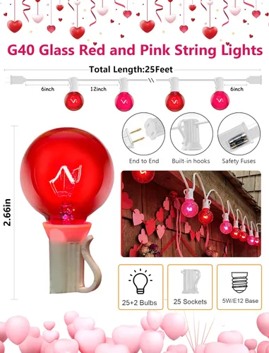 Vista 2 de G40 - Guirnalda de luces rojas y rosas para el día de San Valentín, 25 pies, luces de decoración para el día de San Valentín al aire libre con 27