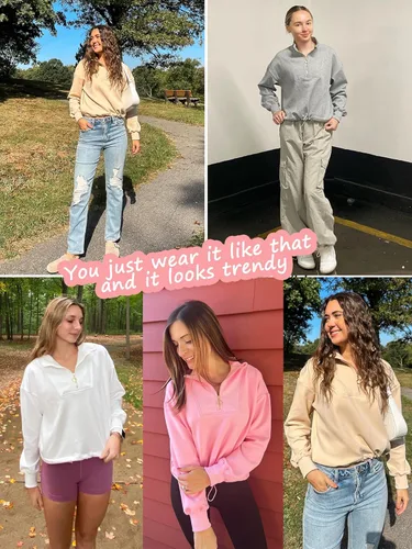 Vista 5 de SILKWORLD Sudadera corta con cremallera de un cuarto para mujer, manga larga, cuello alto, cordón ajustable, con bolsillos