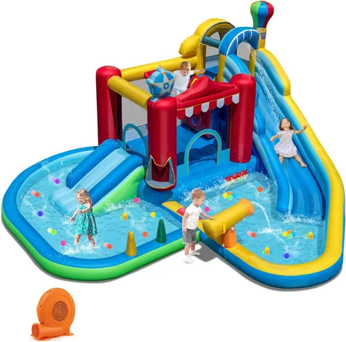 Vista 11 de HONEY JOY Tobogán acuático inflable, casa de rebote de tobogán acuático 9 en 1 con piscina de salpicaduras, tobogán largo, pozo de bolas con 50