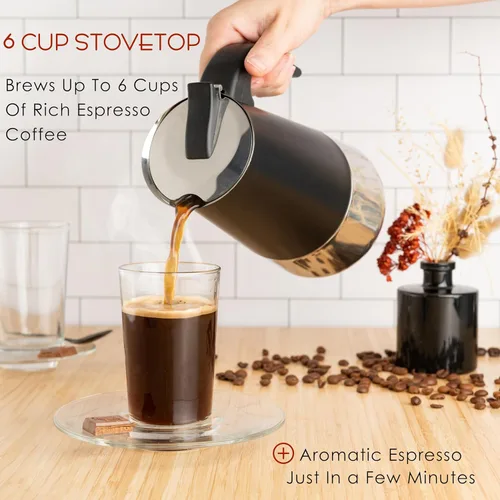 Vista 3 de Mixpresso Cafetera Espresso Greca Negra para Estufa de 6 Tazas 300ml/10oz, Olla Moka con Diseño de Percolador de Café, Cafetera de Acero Inoxidable