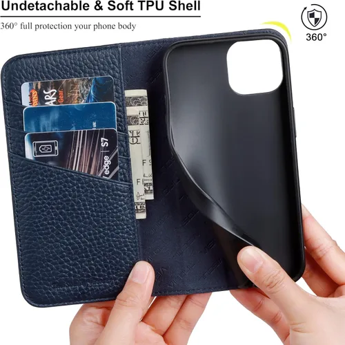 Vista 2 de VISOUL Funda tipo cartera de piel auténtica para iPhone 14, con tapa magnética, con tarjetero y función atril, compatible con iPhone 14