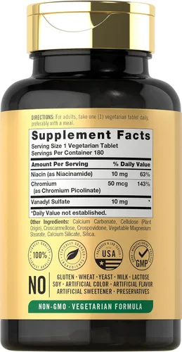 Vista 2 de Carlyle Sulfato de vanadilo 10 mg 180 cápsulas de tabletas con picolinato de cromo Vegetariano, sin OMG, suplemento sin gluten