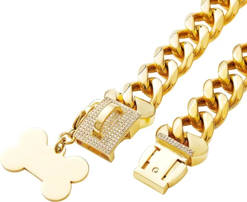 Vista 3 de Collar de acero inoxidable con eslabones de oro cubano resistente para perros pequeños, medianos y grandes, collar de perro de bulldog francés