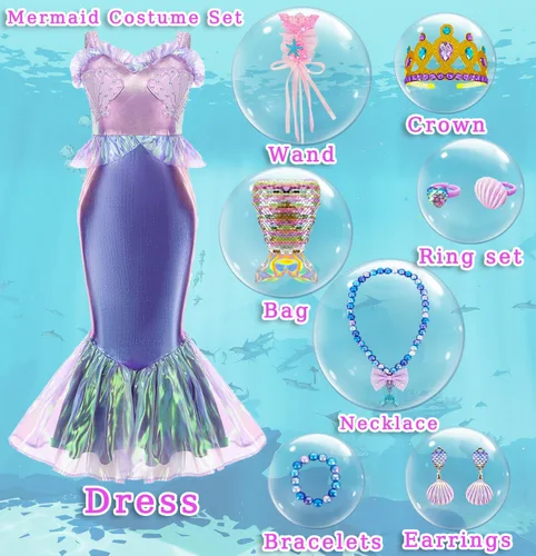 Vista 2 de Disfraz de princesa sirena para niñas pequeñas, disfraz de Ariel con accesorios, fiesta de cumpleaños, Halloween para niños