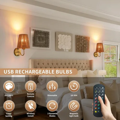Vista 2 de Juego de 2 apliques de pared bohemios que funcionan con pilas, con pantalla de ratán dorado, luces de pared inalámbricas con bombillas recargables