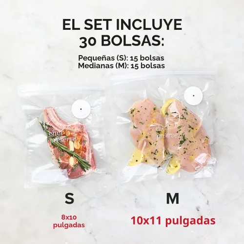 Vista 2 de Bolsas selladoras al vacío reutilizables Chef Preserve para alimentos – 30 bolsas de almacenamiento de alimentos libres de BPA, para congelador