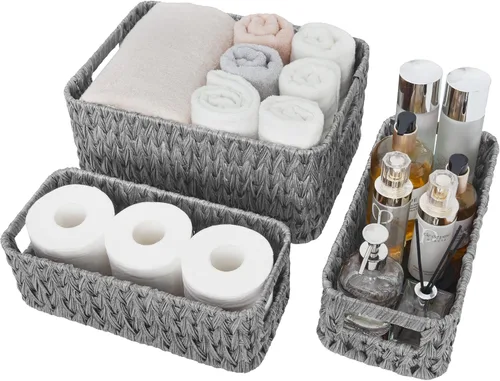 Vista 16 de GRANNY SAYS Cestas de mimbre para organizar, cestas de almacenamiento anidables para estantes, 1 cesta grande y 2 pequeñas de mimbre impermeable