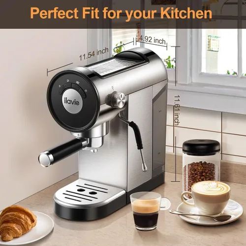 Vista 4 de ILAVIE Máquina de café expreso, máquina de café expreso con espumador de leche, mini cafetera de espresso automática de 20 bares, color plateado