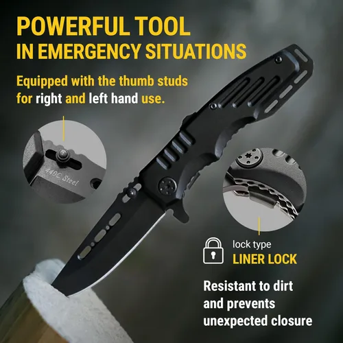 Vista 6 de Navaja de bolsillo con bloqueo de seguridad - Hoja afilada de 3.4 pulgadas - Cuchillo táctico plegable con mango de aluminio - Herramienta ideal