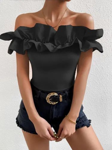 Vista 5 de OYOANGLE Blusa de manga corta con volantes y hombros descubiertos para mujer