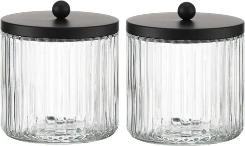 Vista 9 de KMwares Juego de 2 dispensadores de soporte Qtip de vidrio para bolas de algodón, hisopo, almohadillas redondas, palillos de hilo dental con tapa