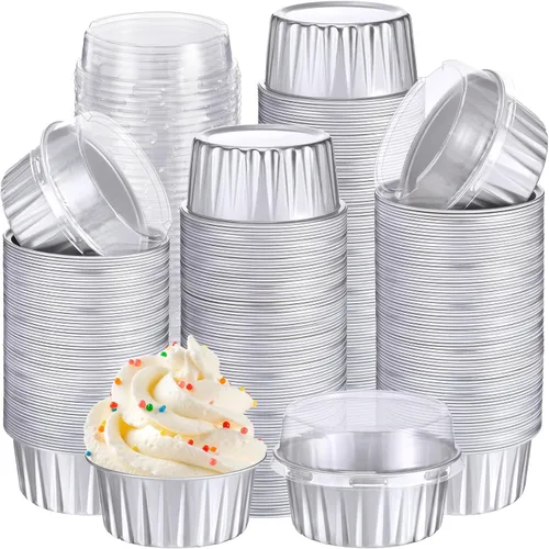 Vista 8 de Gejoy 400 tazas de papel de aluminio para hornear con tapas, moldes desechables de 5 onzas, mini moldes para tartas, moldes para magdalenas, moldes