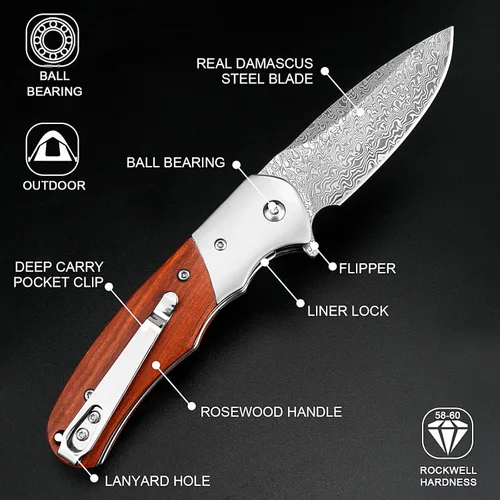 Vista 3 de Cuchillo de bolsillo de damasco KOMWERO con clip para hombres, cuchillos plegables de acero VG10 de damasco, cuchillo de damasco EDC con funda