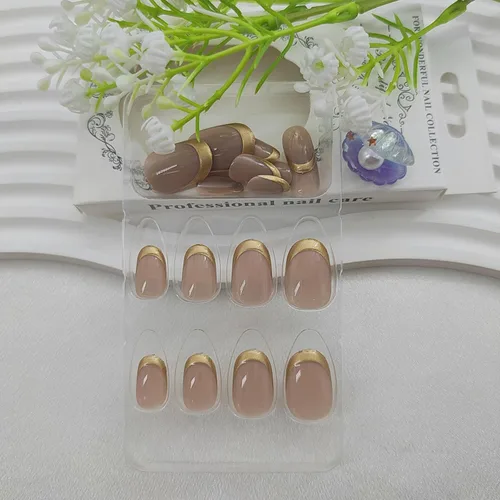 Vista 6 de Uñas postizas ovaladas cortas a presión, uñas doradas, uñas adhesivas brillantes, uñas acrílicas nude, con diseños de punta francesa 3D, uñas