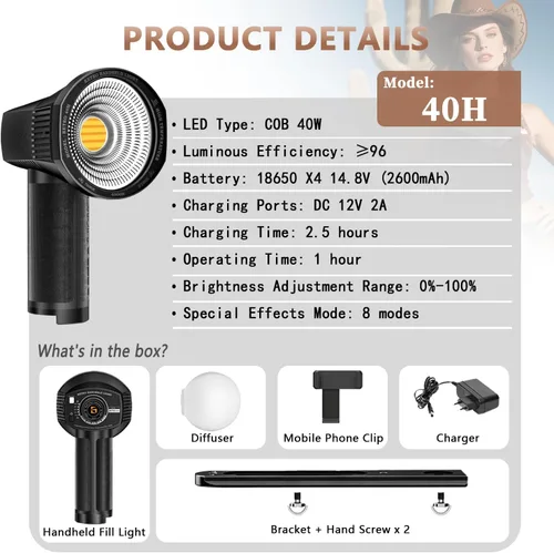 Vista 8 de LENSGO Luz de cámara retro 40H, 40 W bicolor 2700K-7000K CRI 96+ luz de video, 2600 mAh, 8 modos de luz, brillo ajustable y temperatura