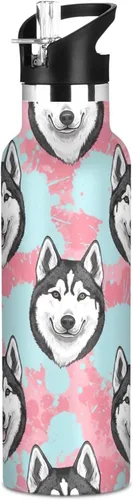 Kids Water Bottle for School, Kids Stainless Steel Water Bottle for Travel or School 20 Oz, BPA-Free, Black White Husky Dog