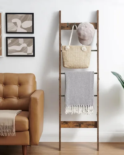 Vista 53 de Escalera para manta para sala de estar, estante decorativo para edredón con 4 ganchos extraíbles, 5 niveles de soporte de escalera de granja Blanco