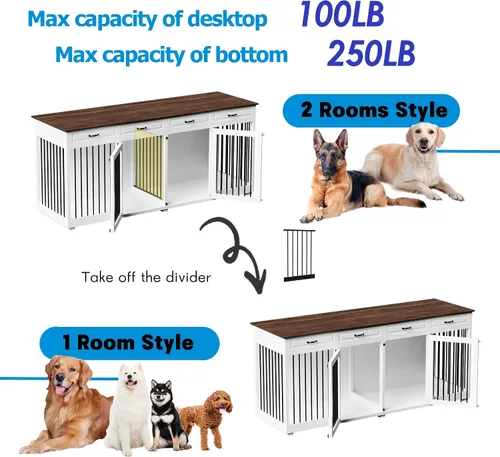 Vista 4 de Mueble grande para perros, perrera de madera de 86.6 pulgadas con cajones y divisor, muebles de interior resistentes, estilo casa para perros