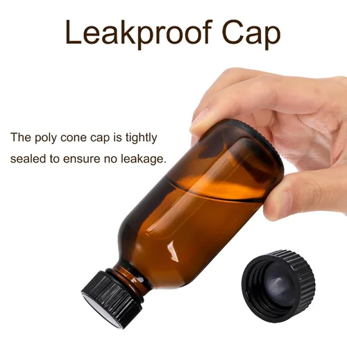 Vista 3 de Bekith Paquete de 30 botellas redondas de vidrio Boston de 2 onzas con tapas negras, ámbar