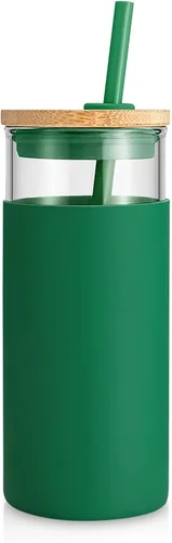Vista 21 de Tronco Vaso de vidrio de 20 onzas con tapa y popote, taza de café helado y vaso para batido con tapas de bambú y funda protectora de silicona, apto