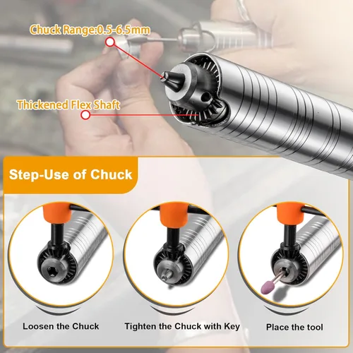 Vista 4 de DZQ Amoladora de eje flexible de 380 W con pedal de pie, kit de herramientas rotativas de 500 a 20,000 RPM con portabrocas de 3 mandíbulas y 83