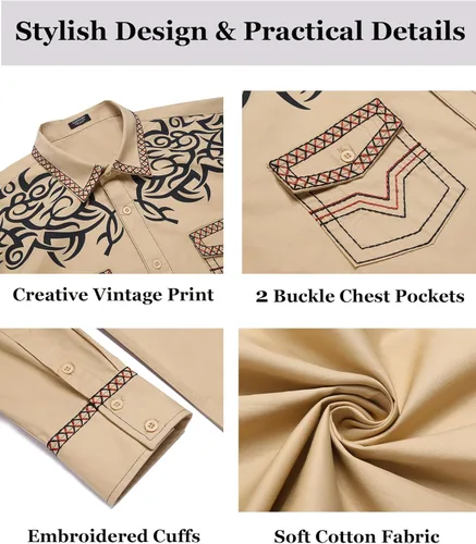 Vista 5 de COOFANDY Camisa vaquera occidental bordada de manga larga casual de algodón con botones a presión y bolsillos para hombre