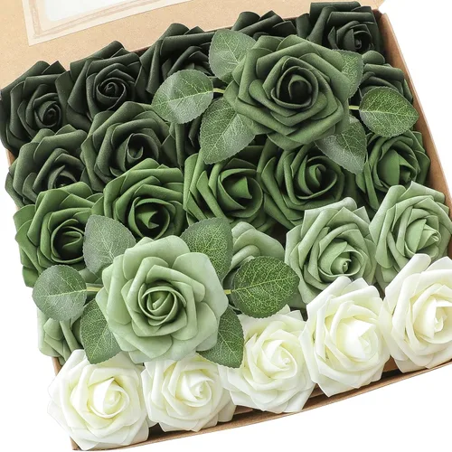 Vista 11 de Floroom Flores artificiales, 25 piezas de rosas falsas de espuma de color verde azulado de aspecto real con tallos para bricolaje, ramos de boda