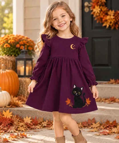 Vista 2 de HILEELANG Vestido de manga larga de algodón para niñas, vestido de otoño gato morado