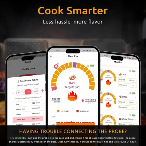 Vista 3 de Yonktoo Termómetro de Carne Digital Inalámbrico, Termómetro para Barbacoa de Largo Alcance con 4 Sondas, Sensores Duales para Asar a la Parrilla