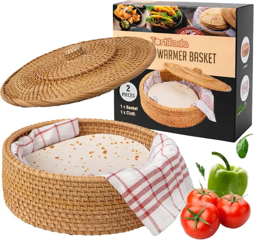 Tortillada - Calentador de tortillas de 10 pulgadas/canasta artesanal hecha de ratán incl. toalla 100% algodón