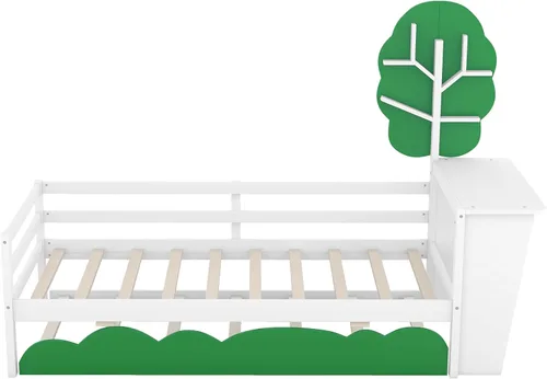 Vista 24 de Anwick Base de cama individual con escritorio y nido, sofá cama de madera con escritorio y estantes en forma de árbol verde, cama de plataforma