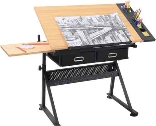Vista 9 de Escritorio de dibujo profesional de altura ajustable, mesa de cristal, mesa de manualidades inclinable con almacenamiento, escritorio de arte