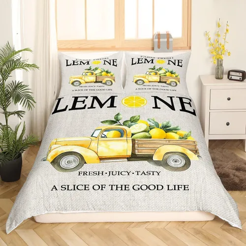 Juego de funda de edredón de automóvil de camión de limón, tamaño King, juego de ropa de cama con estampado rústico de estilo rústico para niños,