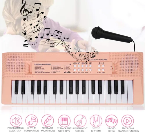 Vista 2 de Teclado electrónico colorido de 37 teclas, piano portátil multifunción con micrófono, teclado musical digital, teclado USB, piano de doble fuente