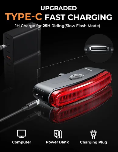 Vista 6 de luz trasera recargable para bicicleta de 150 lúmenes, luz trasera impermeable IPX6 para bicicleta, linterna de seguridad visible de 220°, 5 modos