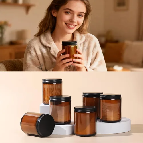 Vista 3 de GIVAMEIHF Tarros de vidrio ámbar de 8 onzas con tapas (paquete de 3) – Tarros de velas vacías para hacer velas, tarro cosmético, recipientes
