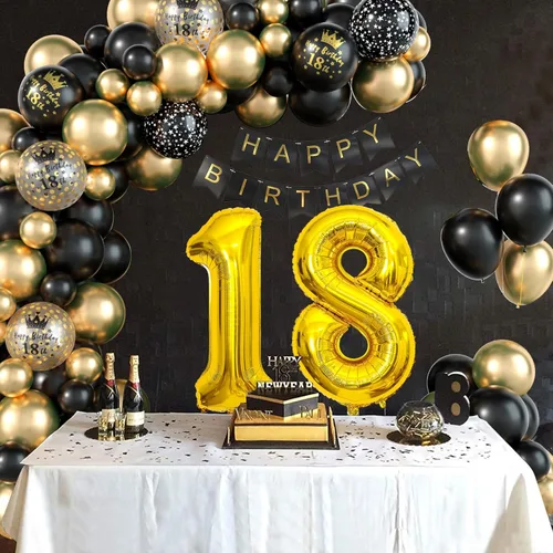 Vista 3 de Decoraciones de Cumpleaños 18 para Niños Globos Negros y Dorados Kit de Arco de Guirnalda con Número 18 Globo de Confeti de Papel de Aluminio