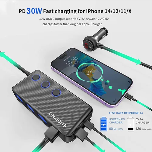Vista 3 de EUGIZMO Divisor de enchufe para encendedor de cigarrillos, 3 zócalos de 200 W, adaptador de encendedor de cigarrillos USB, cable de extensión