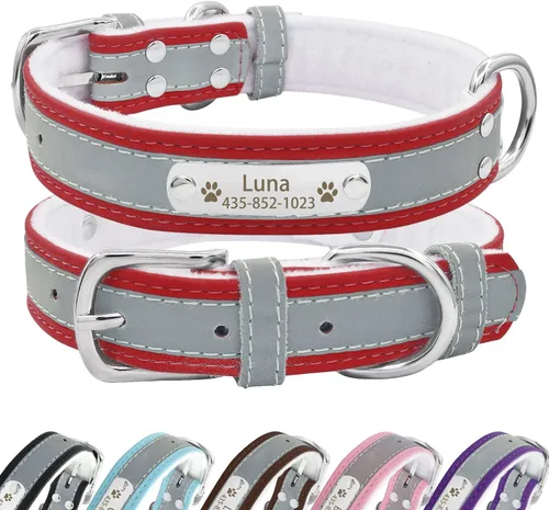 Vista 12 de Collar de perro de cuero reflectante personalizado con forro cálido, collar de perro personalizado con placa de nombre grabada para perros y gatos
