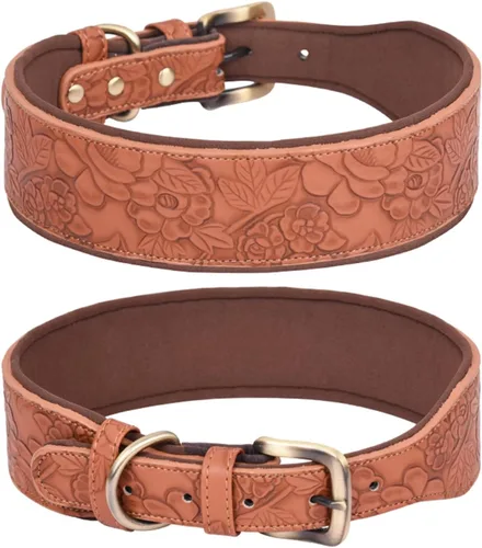 Vista 6 de Collar de cuero para perro, para perros grandes, medianos y pequeños, collar de piel sintética con estampado en relieve (M, negro)